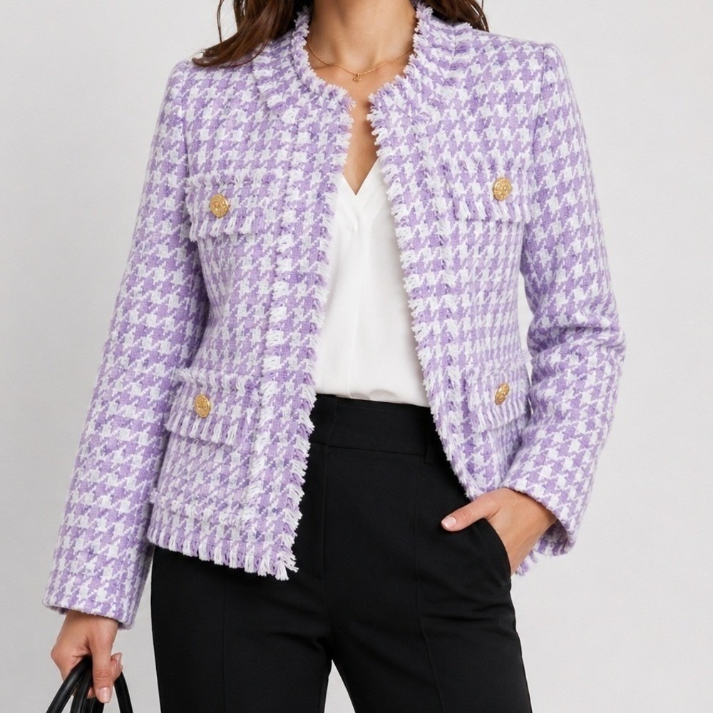 Nanette Lepore Tweed Jacket Womens L Lilac White NWT Houndstooth Gold Buttons